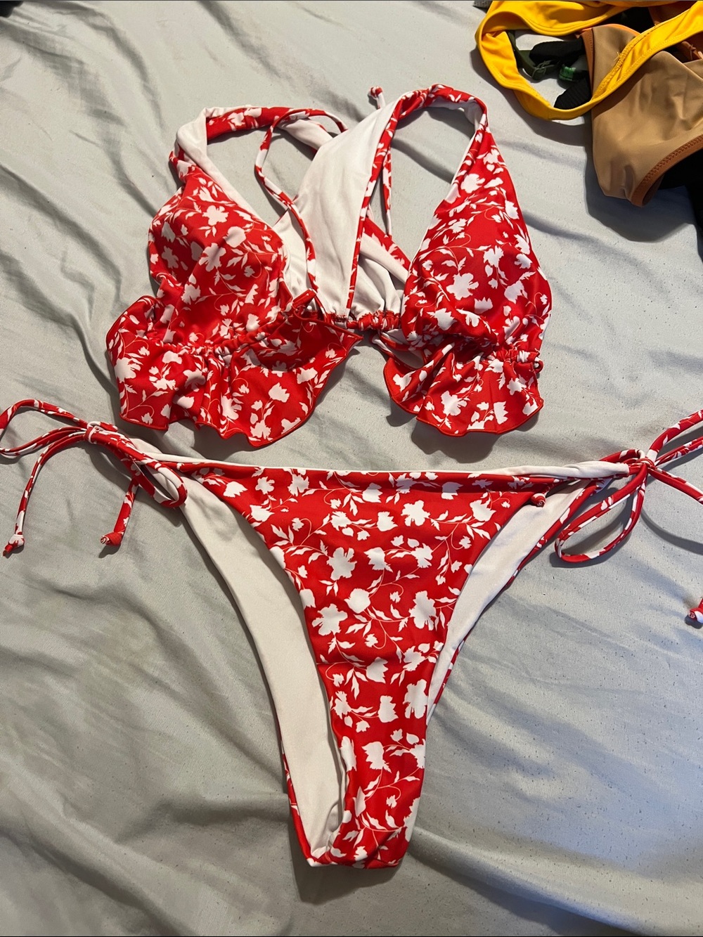 Red Floral Tie-Side Bikini Set